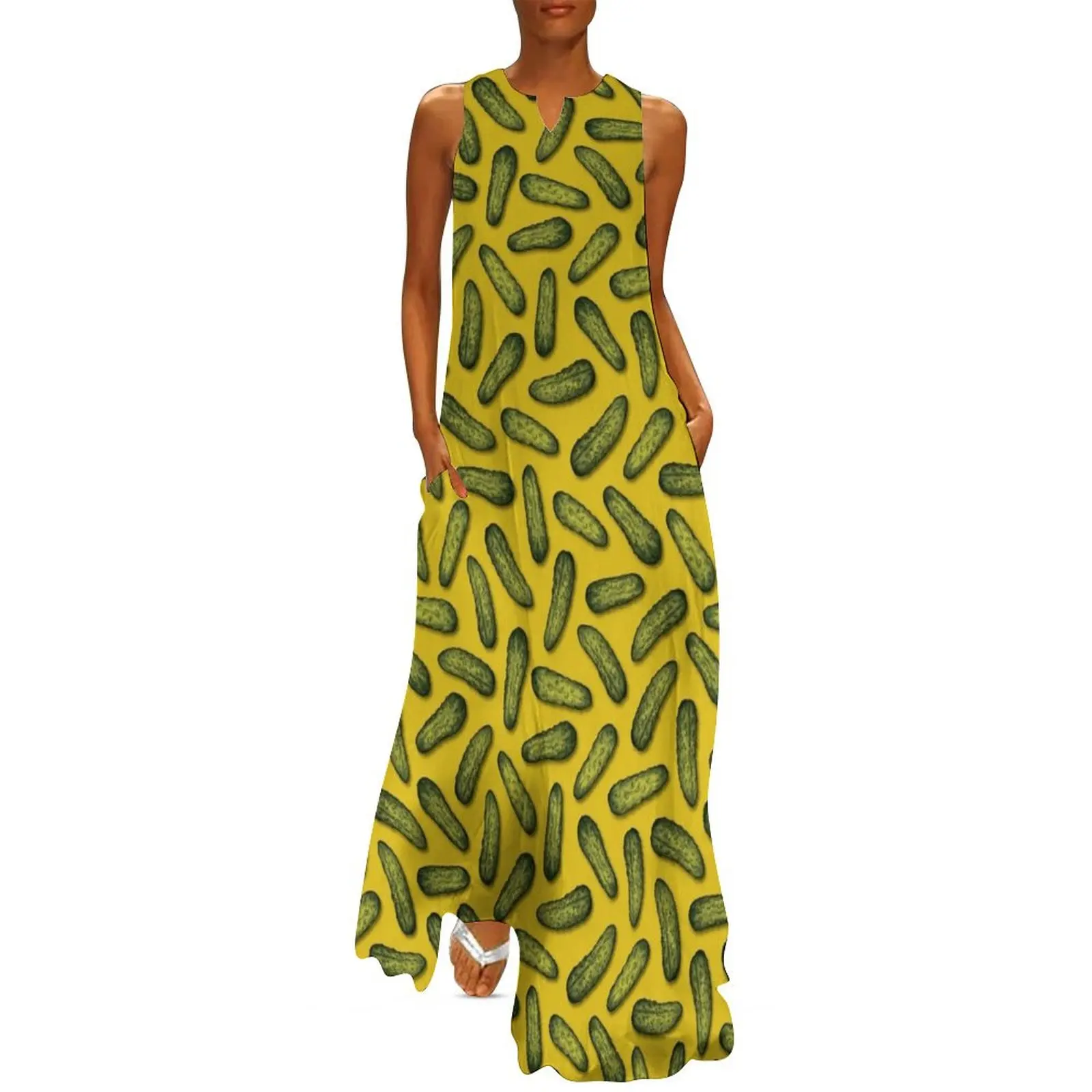 A Plethora Of Pickles - Green & Yellow Gherkin Pattern Long Dress womans clothing dress party night Clothing female