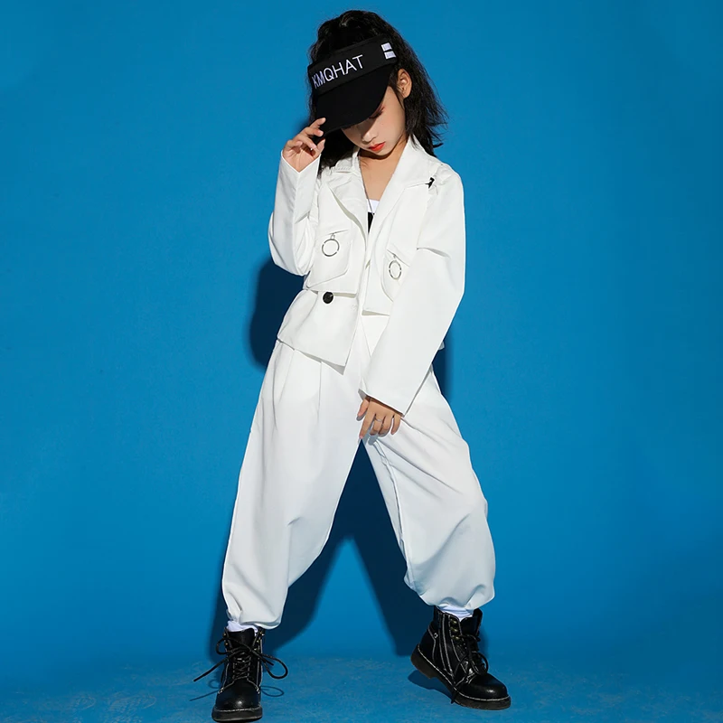 Modern Jazz Performance Outfit Girls Hip Hop Pants Tops New Kids Hip Hop Clothing White Suits Street Dance Stage Costumes