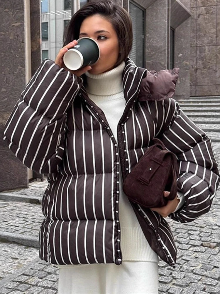 سترات نسائية شتوية مخططة بقلنسوة وأكمام طويلة مرقعة للتنقل ملابس خروج دافئة سترات نسائية عتيقة ملابس خارجية #1