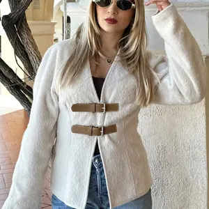 TRAFZA-المرأة الرجعية جلد جاكيت مع مشبك أحادية اللون البيج جاكيت كم طويل على شكل V رقبة أنيقة أناقة الشارع المرأة موضة الخريف الربيع أفضل 5 معطف نسائي للمبيعات - رقم 6