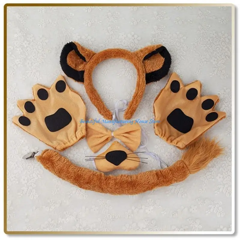 E56A Löwenohr Ohrstirnband Schwanz Nase Bowtie Rock Handschuhe Halloween Tier -Outfit für Kind