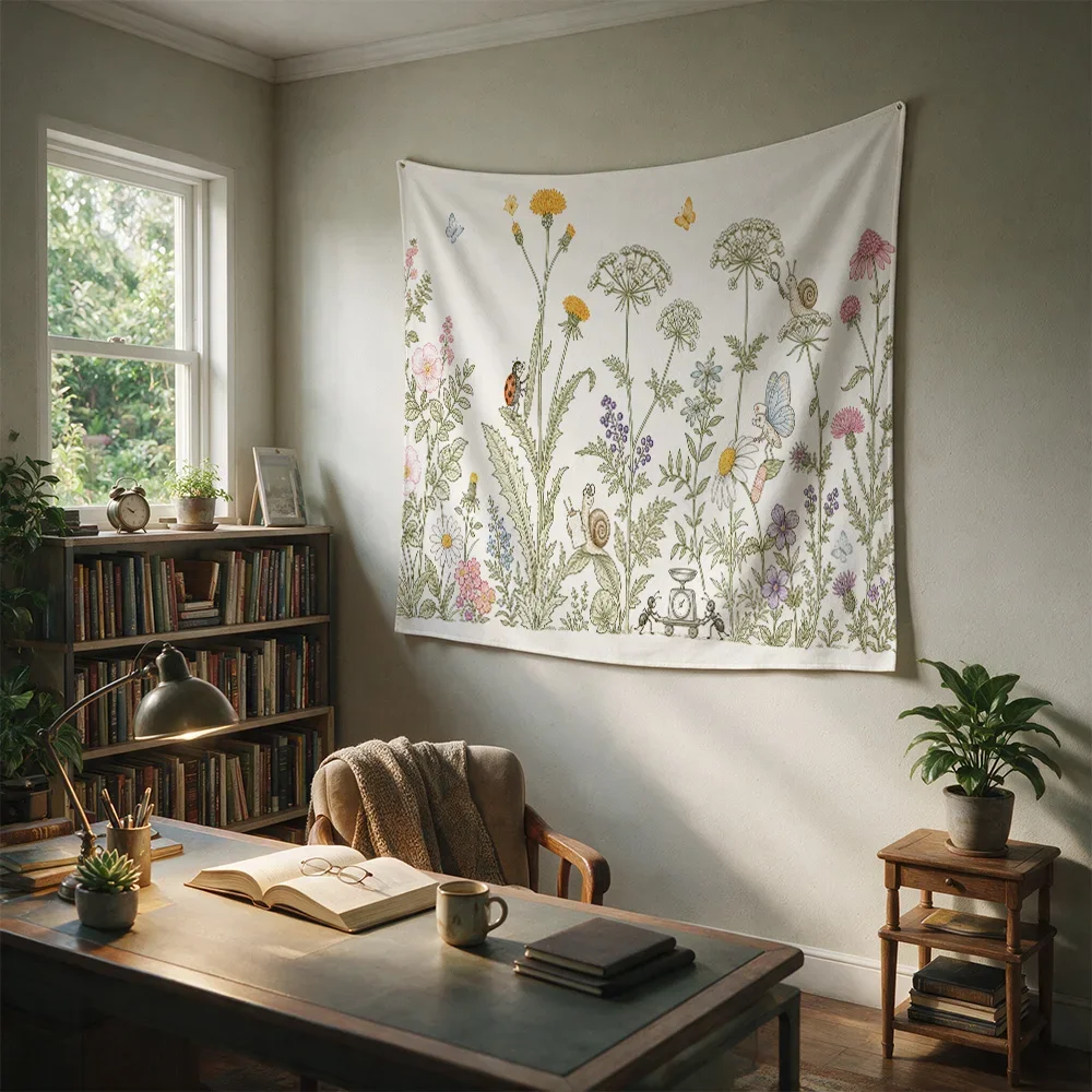 Boho Botanical Garden Wall Hanging Tapestry Macrame Floral Print Nursery Decor Boho Chic Wall Art
