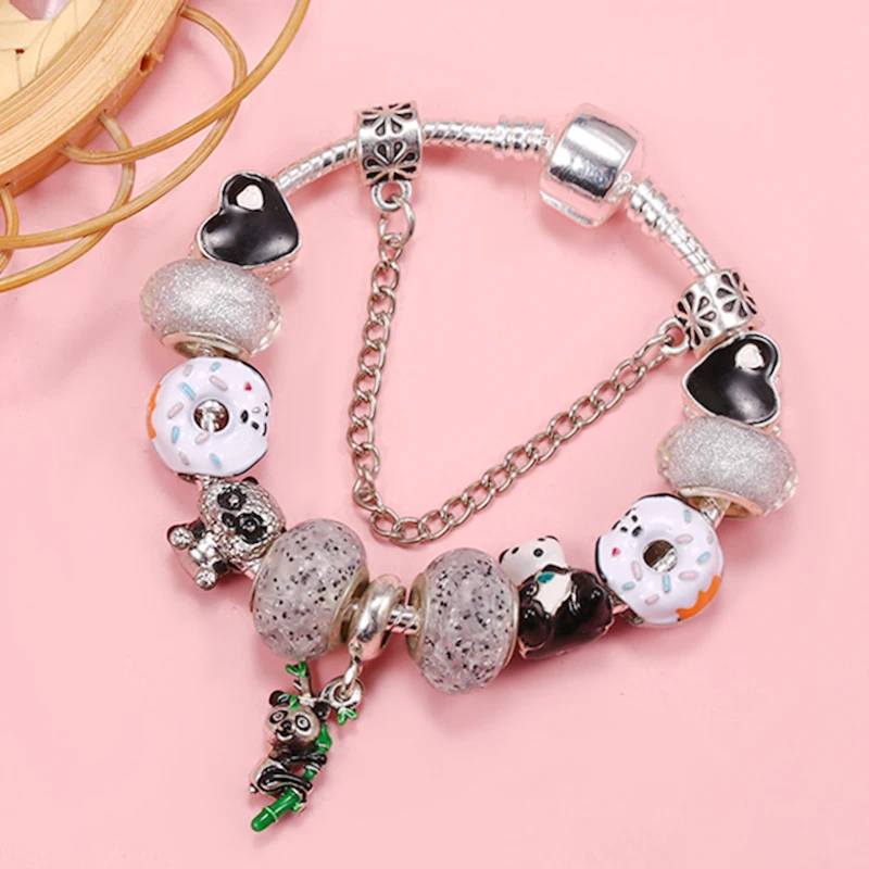 Black And White Pandas Carrying Bamboo With Pendent DIY Charm Brand Bracelet Fashion Jewelry For Women & Kids Making