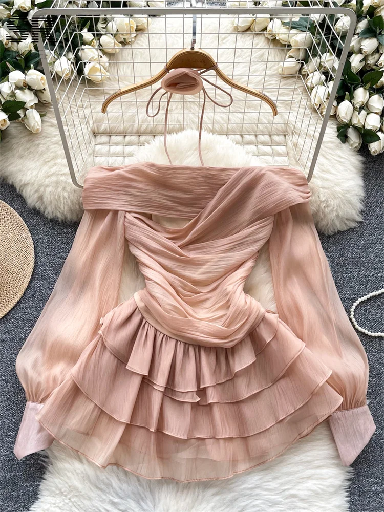 SINGREINY Autumn Ruffles Sheer Dress Women Lantern Sleeve Off Shoulder Strapless 3D Flower Halter Fashion Senior Ruched Dress