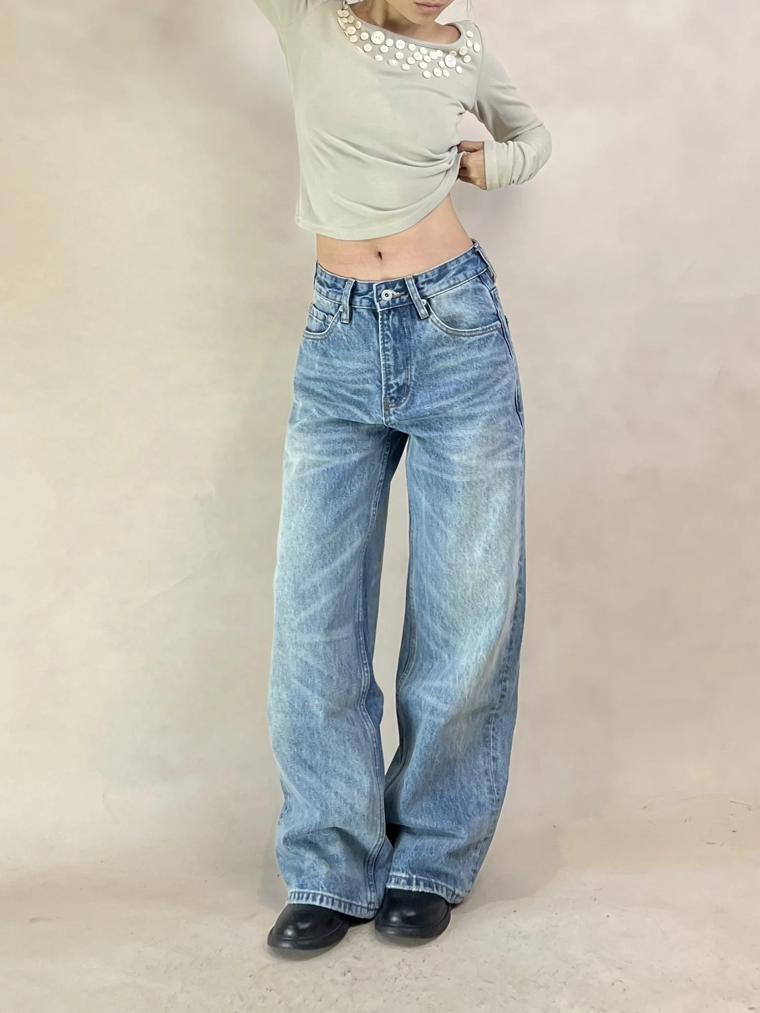 

Spring 2026 DINA Women's Jeans l Waist Distred Blue Waed Straight Leg Texture Detailing Denim Pants Ladies Jeans