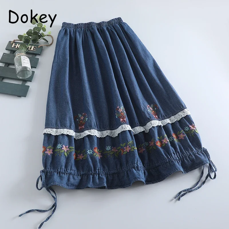 Vintage Floral Embroidery Blue Denim Skirt Women Japanese Mori Girl Ruffle Lace-up A-Line Skirts Summer Casual Midi Faldas Mujer