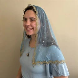 D Shape Light Blue Tulle Silver Sequins Moon Stars Starry Gold Edge Mandilla Veils Chapel Catholic Head Covering Church Shining