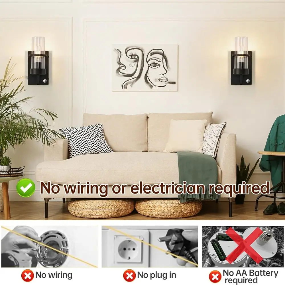 Par de apliques de pared regulables recargables con USB-C, batería de 8000 mAh para iluminación de 60 horas, pantalla de vidrio transparente en negro