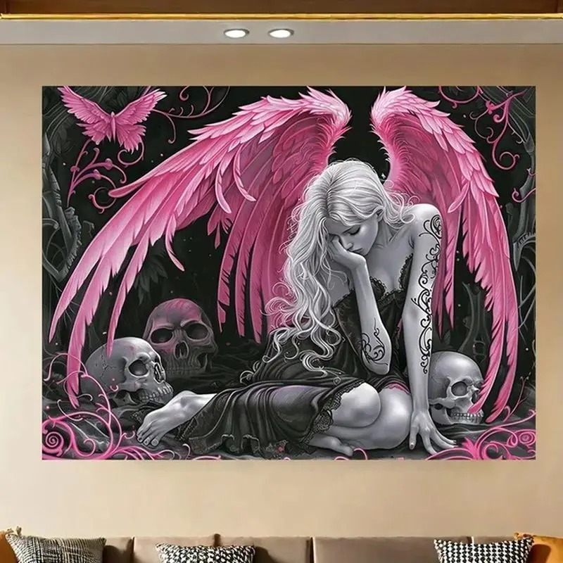 VIKAMA Gothic Pink Wings Fallen Angel Skull Tapestry, Dark Aesthetic Wall Hanging, Dorm Party Photo Background Decor