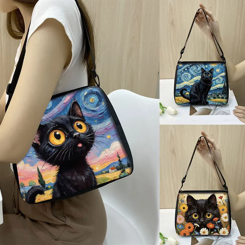 

Oil Painting Van Gogh Black Cat Shoulder Bags The Starry Night Women Portable Handbags Messenger Bag Phone Holder Crossbody Bag