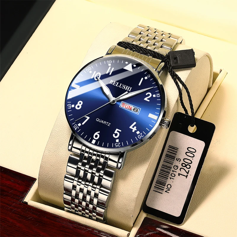 Mens Fashion Watches Ultra Thin Stainless Steel Band Quartz Wrist Watch Men Business Luminous Watch Auto Date Week Montre Homme