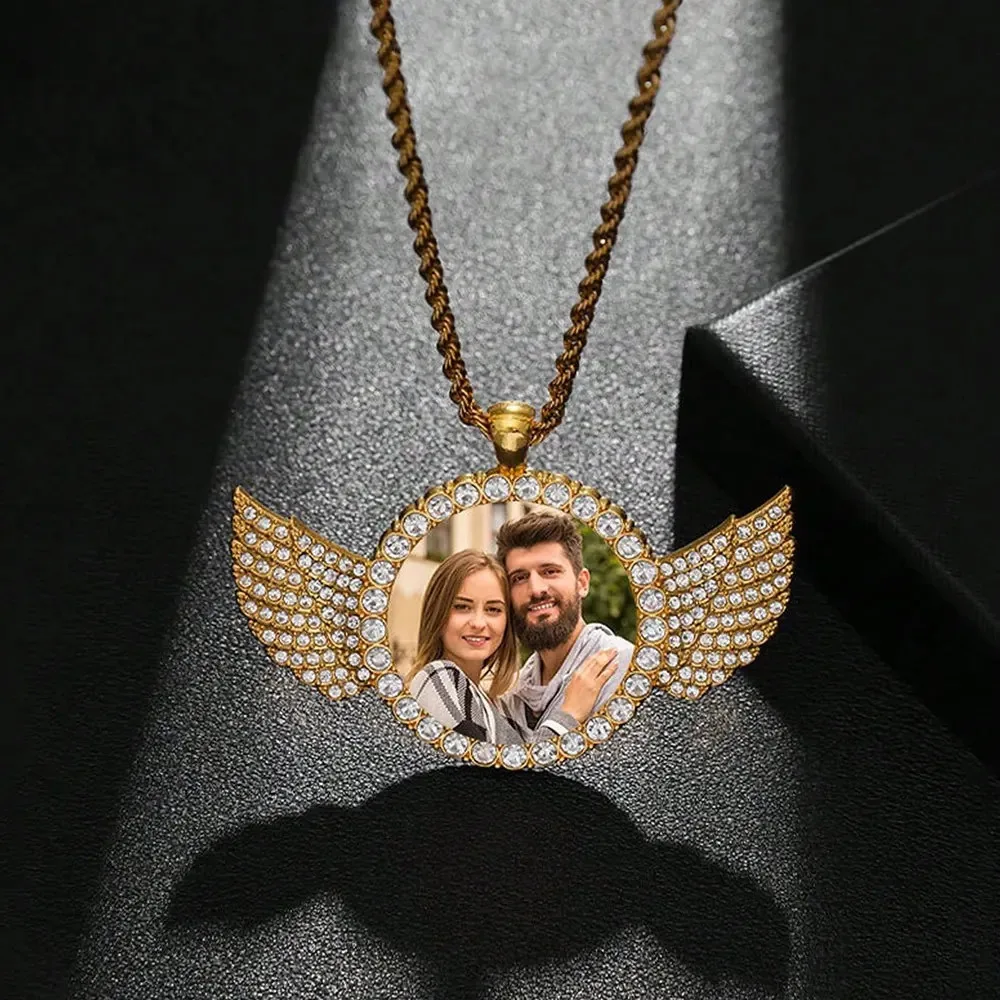 Custom Photo Crystal Angel Wing Necklace Personalized Convex Gemstone Pendant Jewelry Ideal Family Memorial Gift for Anniversary