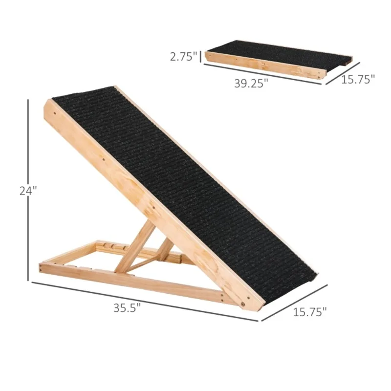 

Foldable Pine Wood Pet Ramp with Anti-Slip Carpet 4-Gear Adjustable Height for Senior Injured Small Dogs