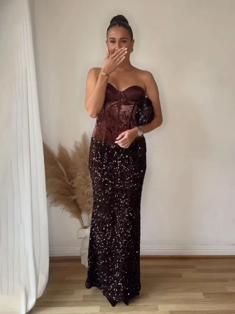 

HH Women's New Fashion Party Skirts Solid High Waist Sequin Decoration Slit Female Summer Sexy Slim Long Skirt Elegant Skirt