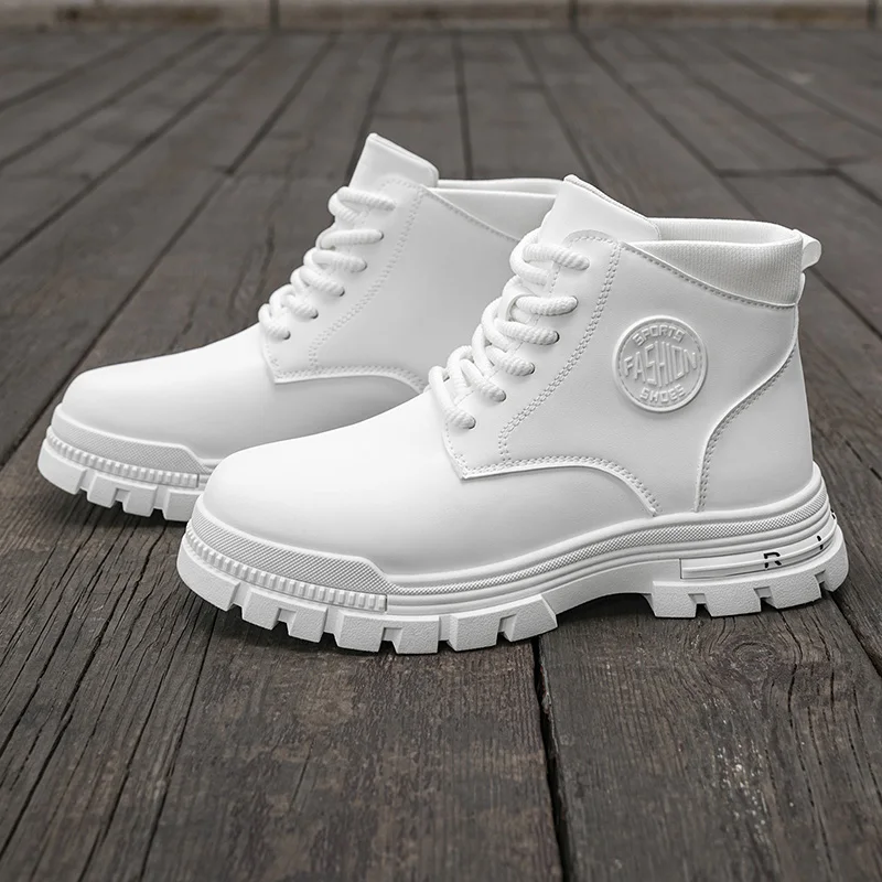 Men Solid White Leather  Combat Boots, Chunky Lug Non Slip Lace Up Ankle Boots For Hiking Street Daily Camping Outfits view 5