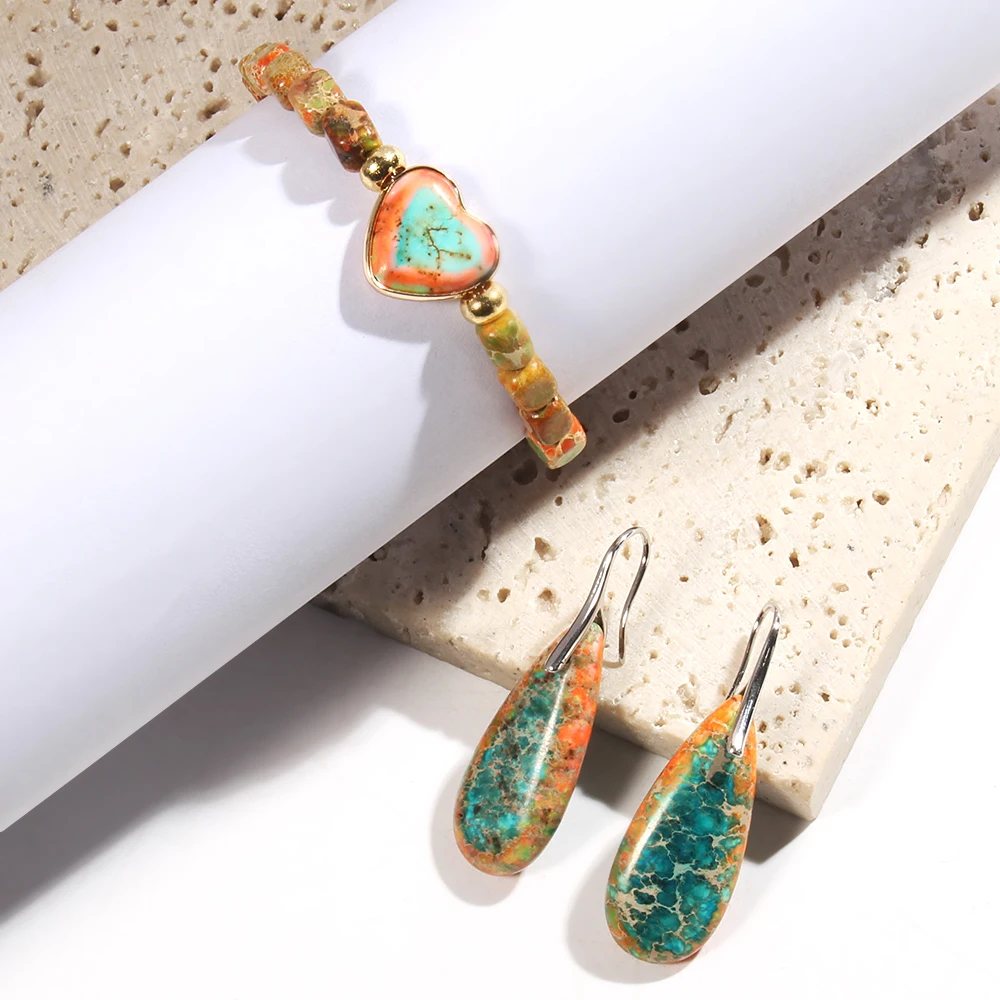 To My Godmother Two-color Love Heart Multi-color Square Emperor Stone Bead Elastic String Bracelet Drop Pendant Earring Set