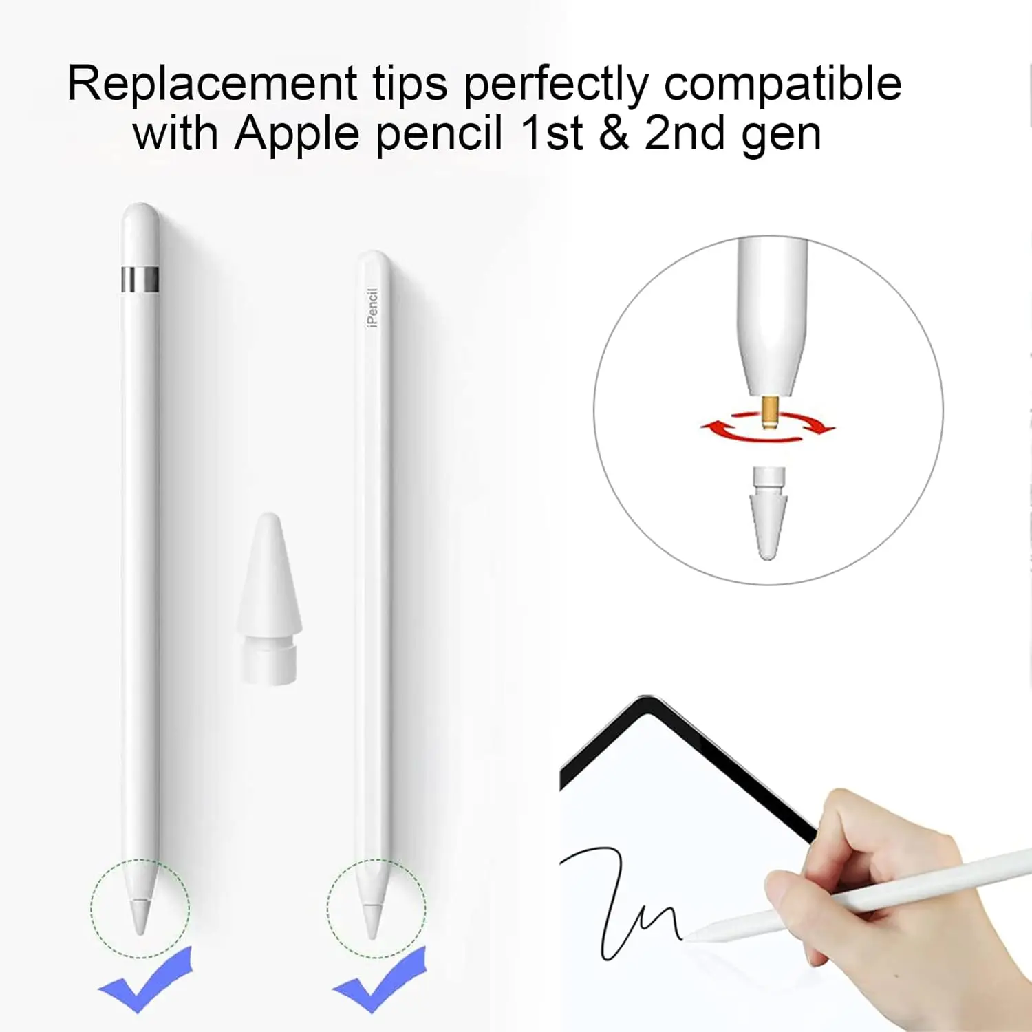 JMUTOP 5PCS Vervanging Tips voor Apple Pencil 1e/2e Gen Pencil Nibs Geen Slijtage Opgewaardeerd voor iPad Pro potlood 2/1