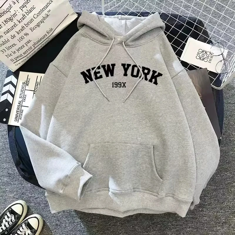 Hoodie Europa und Amerika Sweatshirts für Damen New York Letter y2k Herbst Winter Lässiger Langarm-Pullover mit Taschen – Detail 8