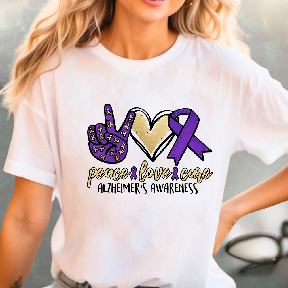 Peace Love Cure Alzheimer's Awareness Print Women Tshirt Casual Short Sleeve Comfy Girl Tee Shirt Alzheimer's Day Summer Clothes