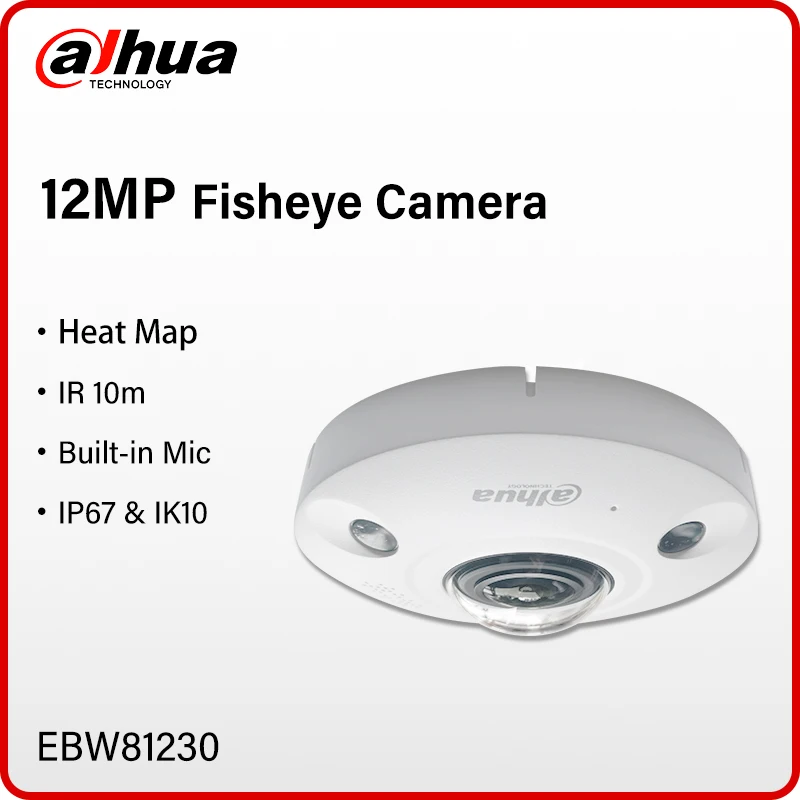 Dahua 12MP Network IR Fisheye Camera 360° Panoramic View Security CCTV IR 10m With Alarm & Audio Port Mic Heat Map EBW81230 IK10