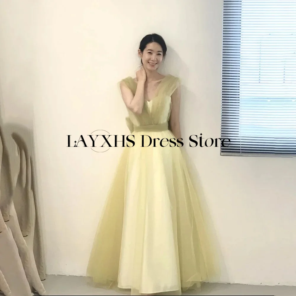 Vestidos de Noche de princesa con cuello en V de hadas, línea A, color verde claro, boda, sesión de fotos de Corea, vestido de fiesta, chal de cintura desmontable personalizado