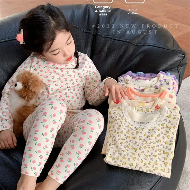 2026 Children's Sets Kids Velvet Pajamas Set Floral Long Sleeve Thermal Loungewear for Baby Girls & Boys Home Wear Clothes