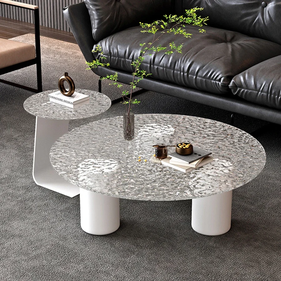 Mesa de centro de diseño italiano, mesa de centro de vidrio transparente, mármol blanco estético, decoración brillante para el hogar, balcón