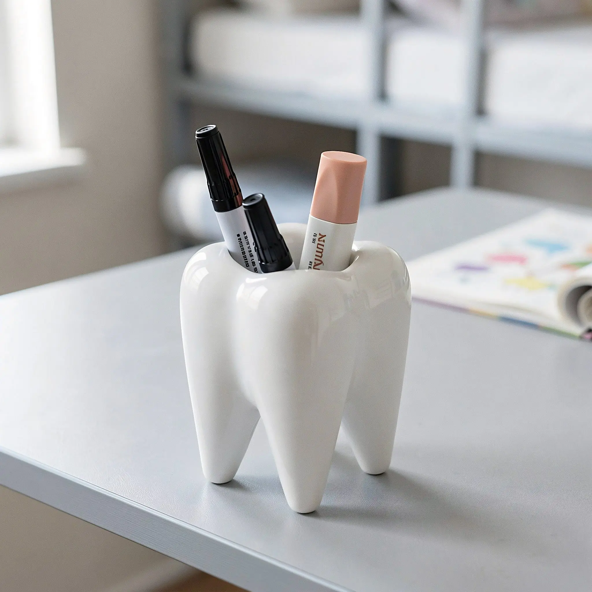 Ceramic Tooth Shape Pencil Holder Dental Pen Holder Porcelain Desk Organizer Toothbrush Cup for Stationery Storage Container