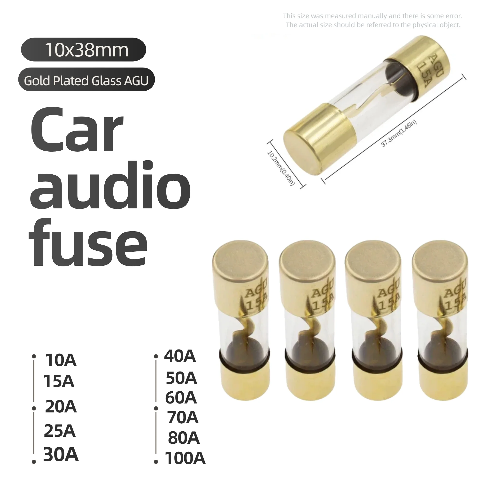 10/20/50Pcs Gold Plated Glass AGU Fuse Fuses Pack Car Audio Amp Amplifier 10A 15A 20A 25A 60A 70A 80A 30A 40A 50A 100A Car Fuse