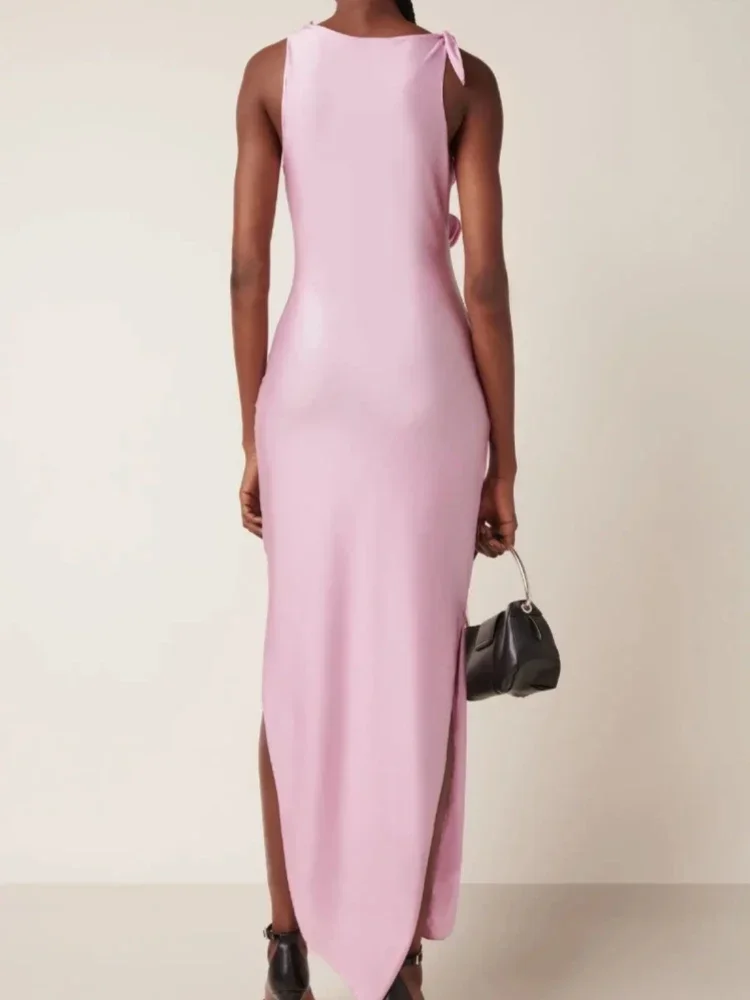 Seksowna sukienka z wyciętymi kwiatami, patchworkowa, długa sukienka damska, różowa, bez rękawów, asymetryczne wycięcia, wąskie sukienki, elegancka wieczorowa impreza koktajlowa