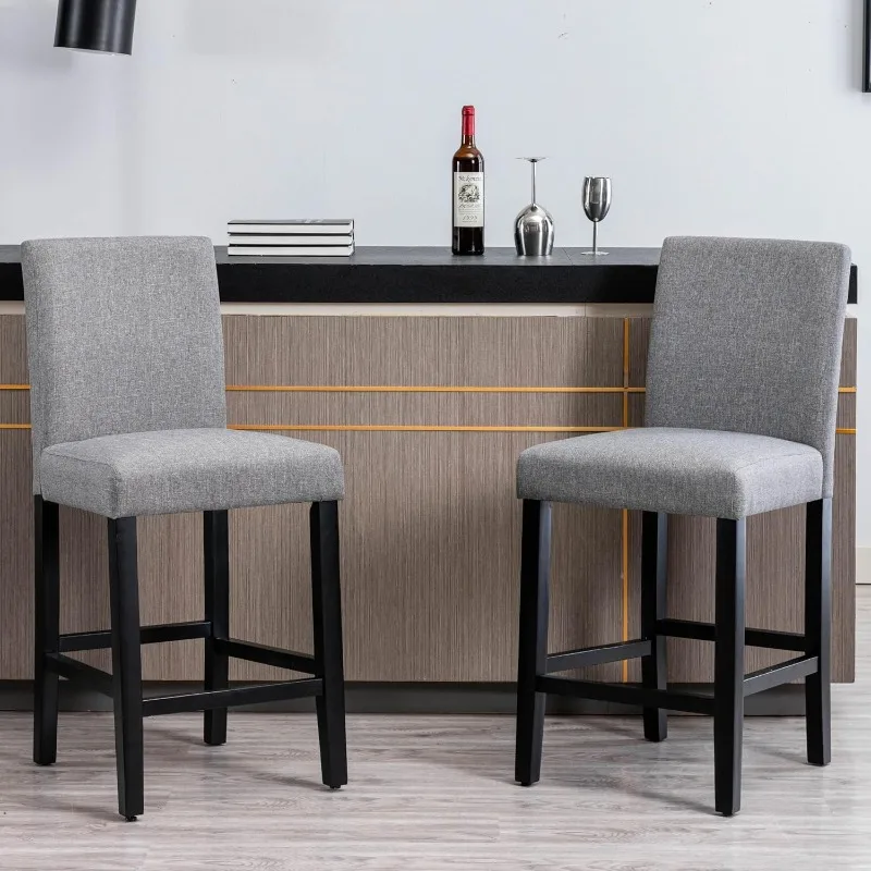 Set of 2 Classic 24 Inches Counter Height Stools Upholstered Bar Stools with Solid Wood Legs and Black Leather (PU Black)