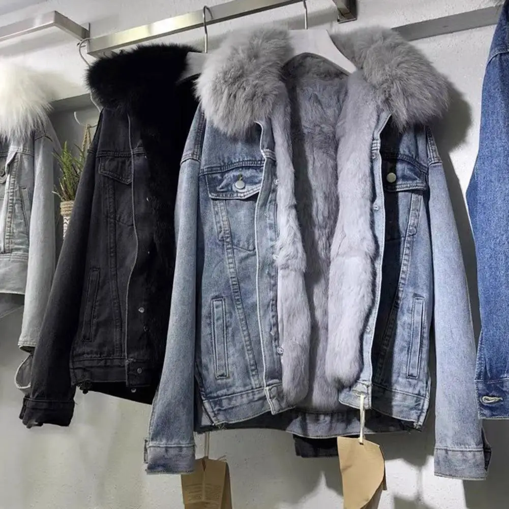 ผู้หญิงที่อบอุ่นแจ็คเก็ต COZY ฤดูหนาวผู้หญิง DENIM Coat Furry Hood ซับ Plush Stylish ปุ่มปิดแจ็คเก็ตสําหรับ windproof