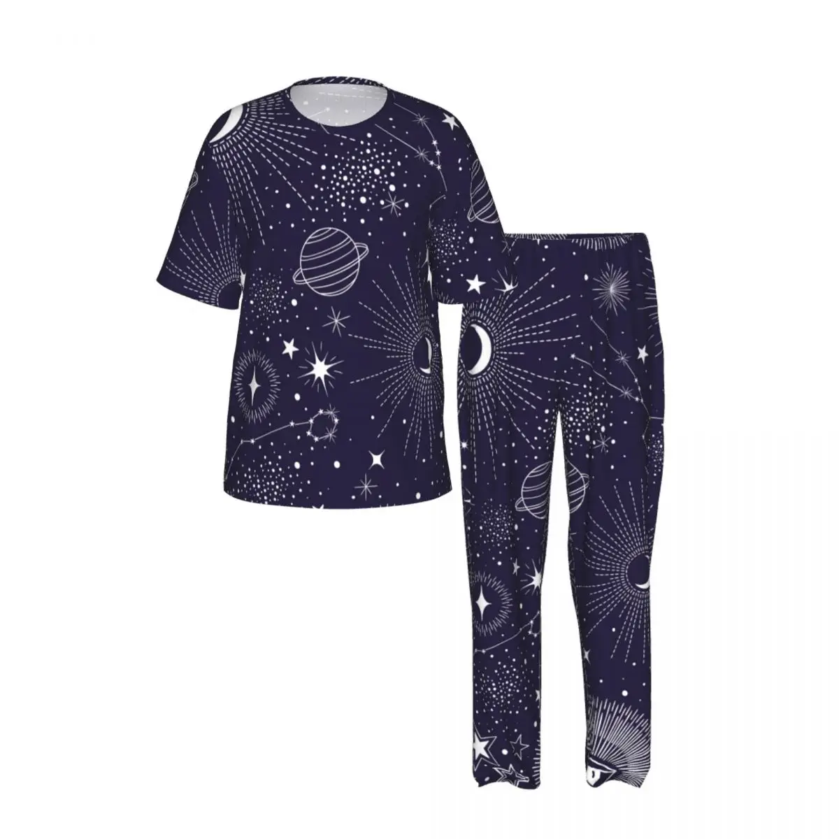 Men Pajamas Suit Short Sleeved Long Pants Stars Sun Moon Constellation Planet And Eyes Sleepwear Summer Home Clothing Set