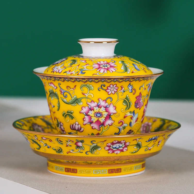 

Enamel Ceramic Tureen Jingdezhen Advanced Vintage Court Style Gaiwan Covered-Bowl Tea Household Single