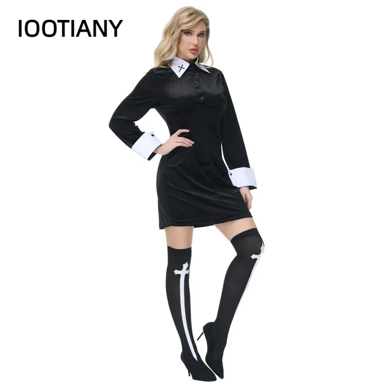 CosplayMujer Sexy monja gótico disfraz oscuro adulto carnaval Halloween iglesia vestido religioso Abbey Adams Cosplay vestido de lujo parte