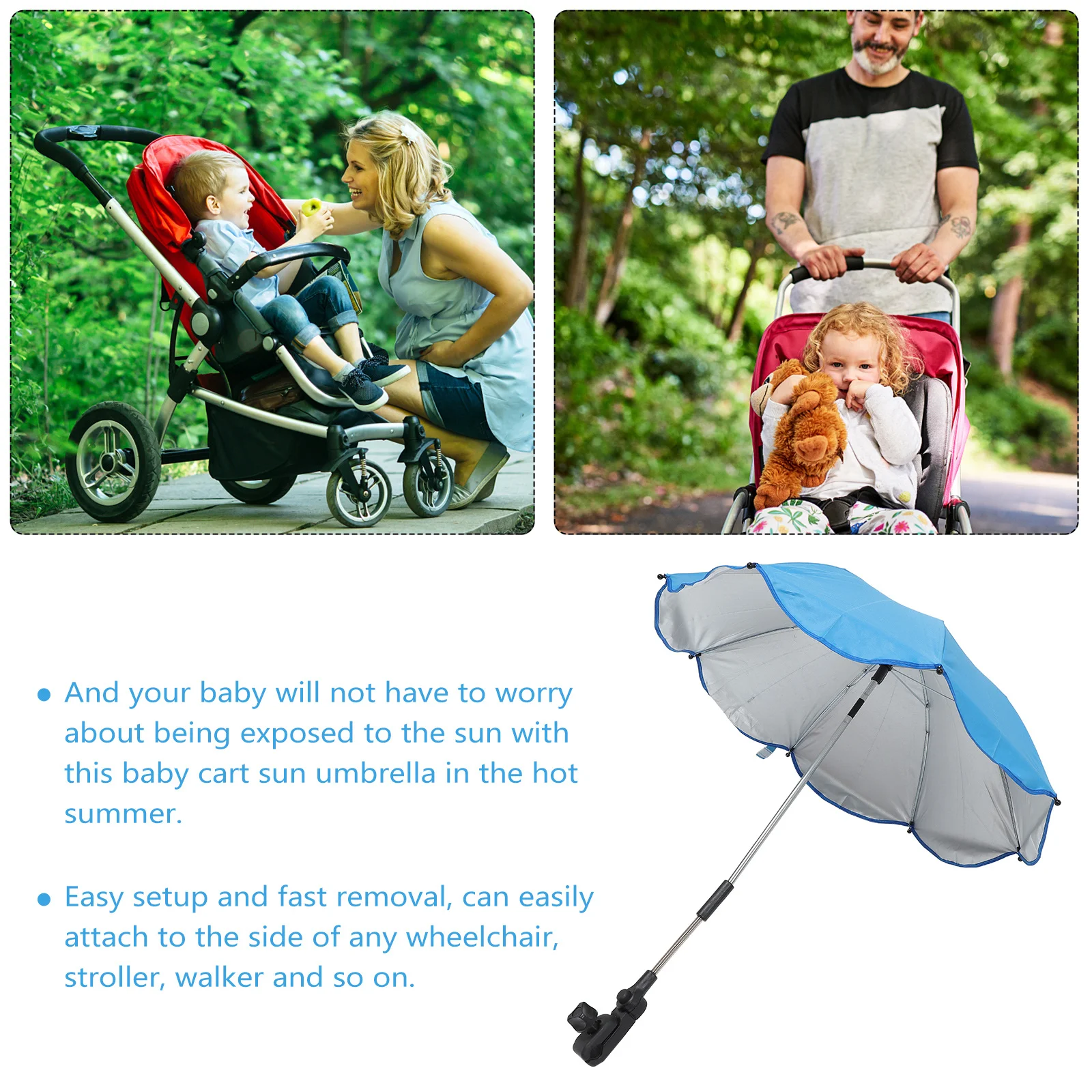 Clip de parasol pour poussette, poignée Flexible, Installation facile, Protection Uv, accessoires de poussette, accessoires de plage