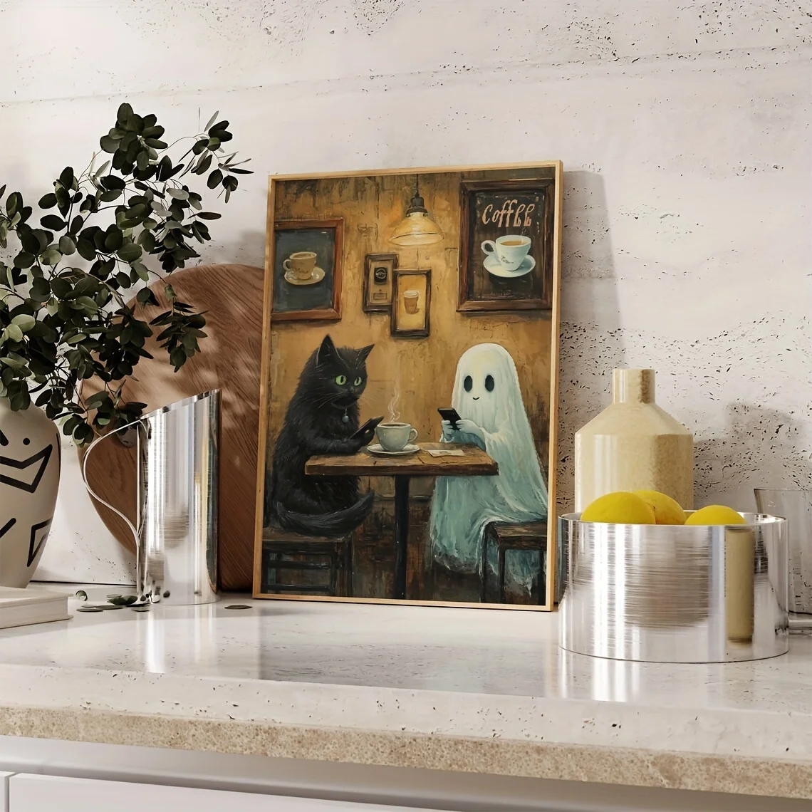 Weird Black Cat Ghost in Coffee Shop Canvas Print Whimsical Halloween Wall Art Poster for Modern Living Room Bedroom Home Decor