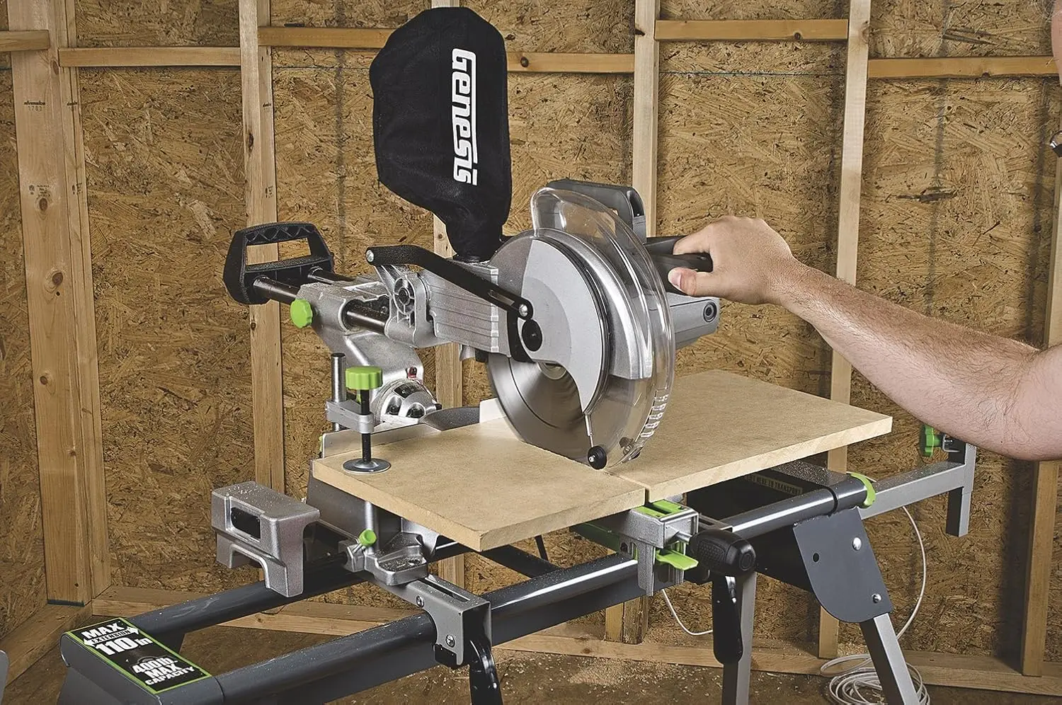 

Genesis GMSDR1015LC 15 Amp 10" Sliding Compound Miter Saw with Laser Light, Electric Brake, Spindle Lock, Dust Bag