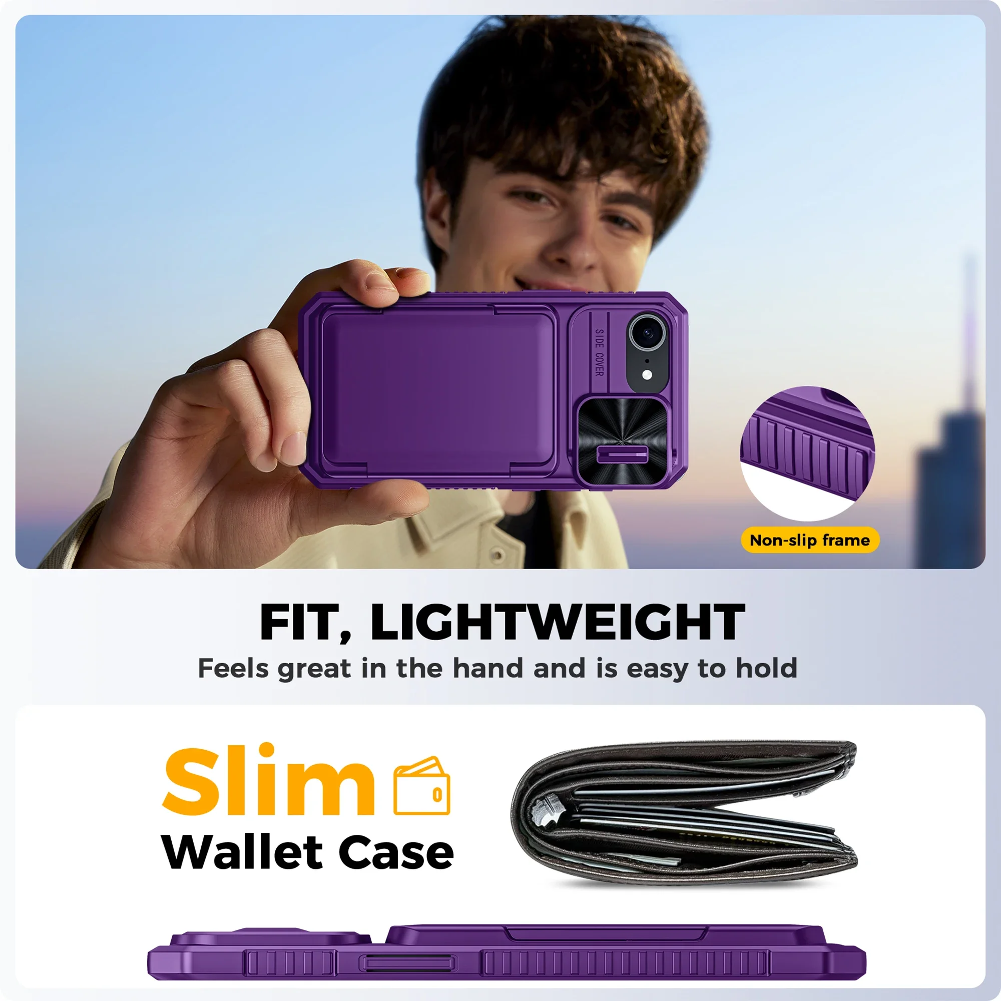 هدايا الهالوين، حامل بطاقات محفظة RFID، غطاء كاميرا، جراب هاتف واقٍ متين مقاوم للصدمات لهاتف iPhone 16 E-Purple