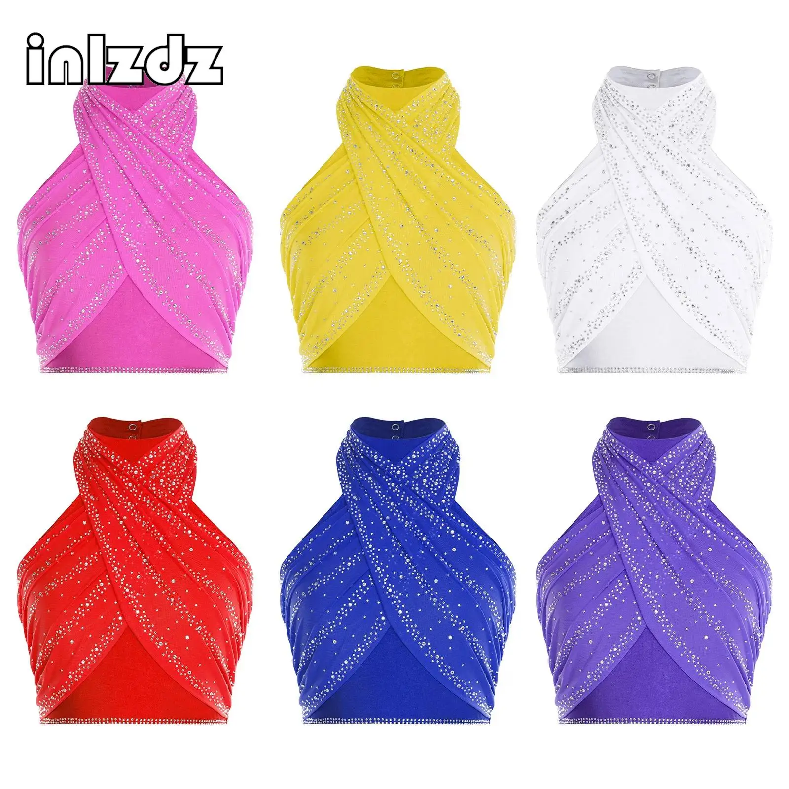 

Women Salsa Cha-Cha Latin Dance Costume Sexy Backless Rhinestones Front Cross Overlay Crop Top+Skirt Stage Performance Dancewear