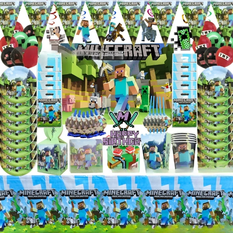 ร้อน! Minecrafte ตกแต่งผ้าเช็ดปากแผ่นผ้าปูโต๊ะถ้วย My World มีดส้อมช้อนเด็กอุปกรณ์