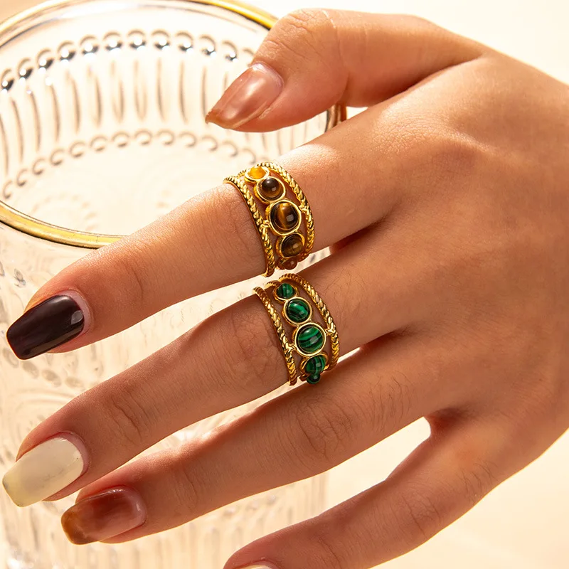 Letdiffery Vintage Bohemia Stones Rings for Women Stainless Steel Adjustable Open Ring Anniversary Classic Jewellery Gifts