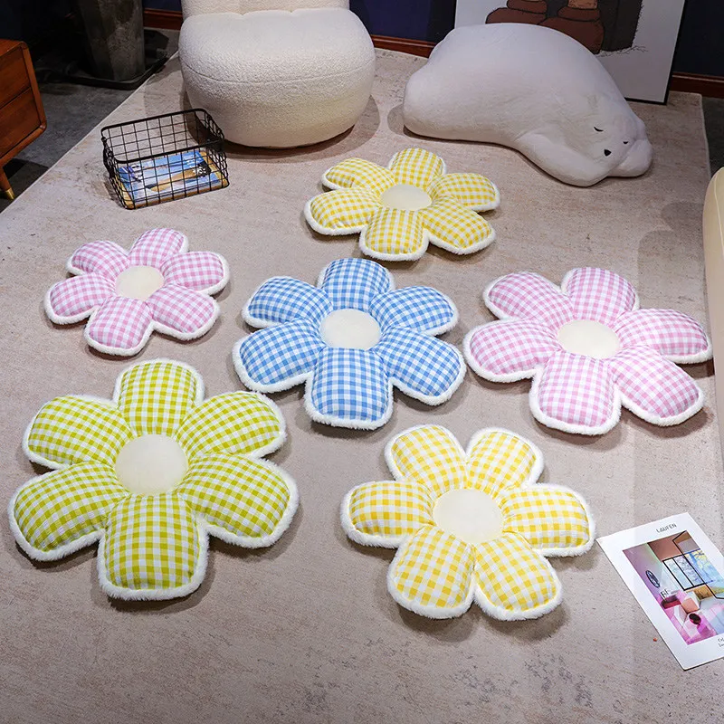 

45/60cm 6-petal Flower Seat Cushion Cloth Pillow Stuffed Check Pattern Yellow Green Blue Pink Plushie Decoration Gift