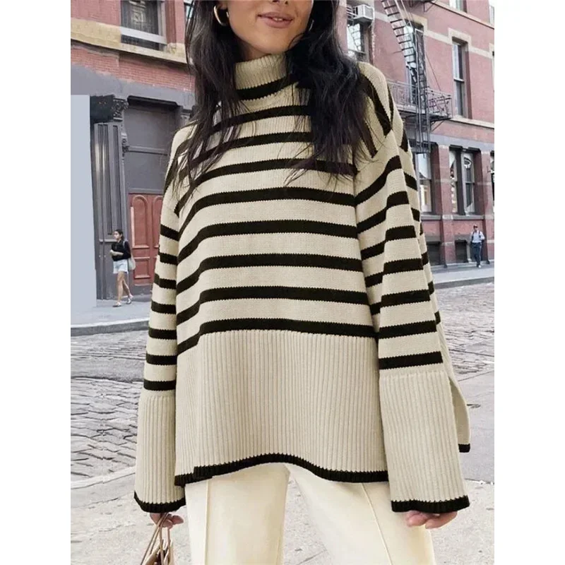 

Black And White Stripe Sweater Streetwear Loose Tops Women Pullover Female Jumper Long Sleeve Turtleneck Knitted Ribbed Sweaters