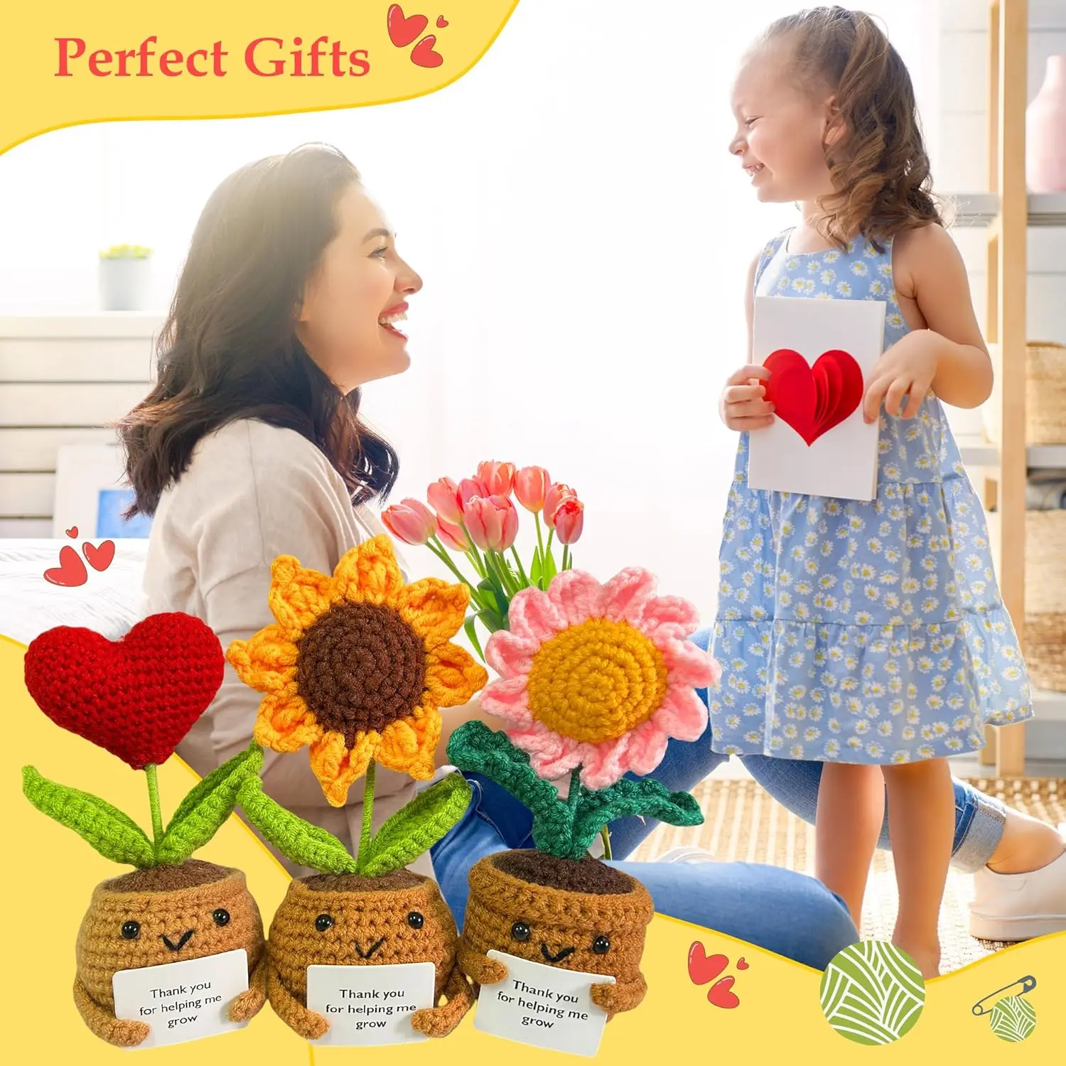 New Arrival Cute Crochet Sunflower/Heart/Potted Plant,Crochet Flowers,Emotional Support Plants,Thank You For Helping Me Grow