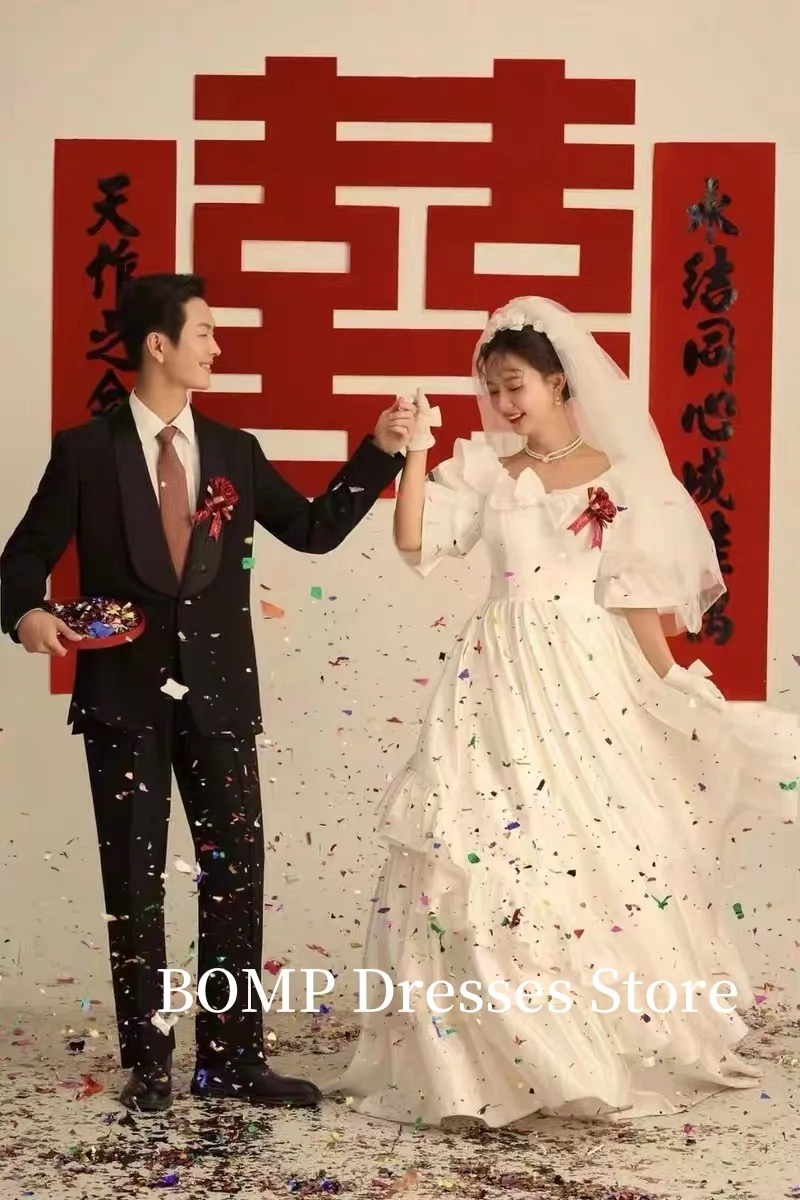 BOMP Vintage cuello cuadrado una línea vestidos de novia sesión de fotos Japón Puff mangas cortas vestidos de novia bata de mariage personalizado 2025