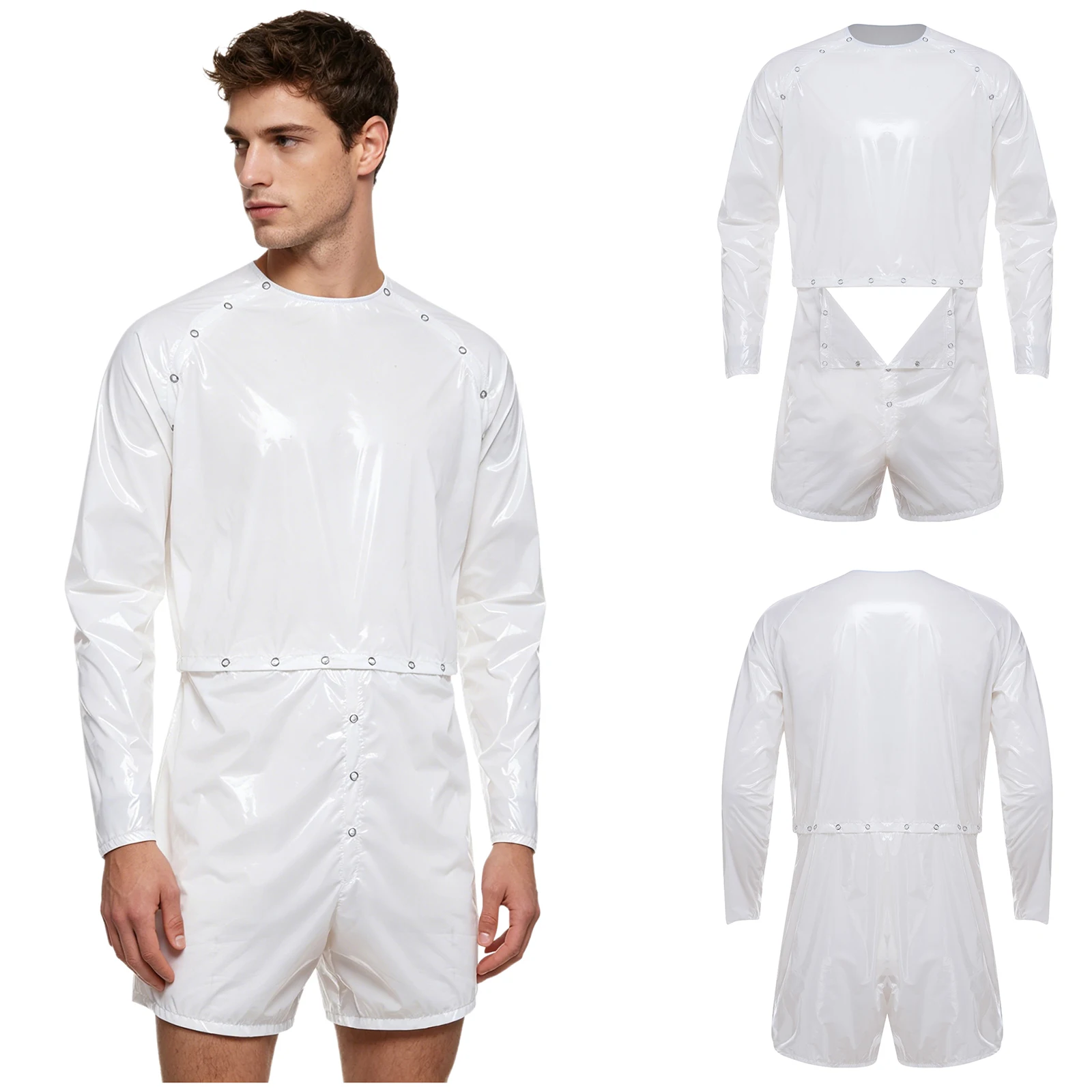 

Mens Waterproof Glossy PVC Boxer Shorts jumpsuit Swimwear One Piece Swimsuit Waist Button Crotch Leakproof Adaptive Bodysuit