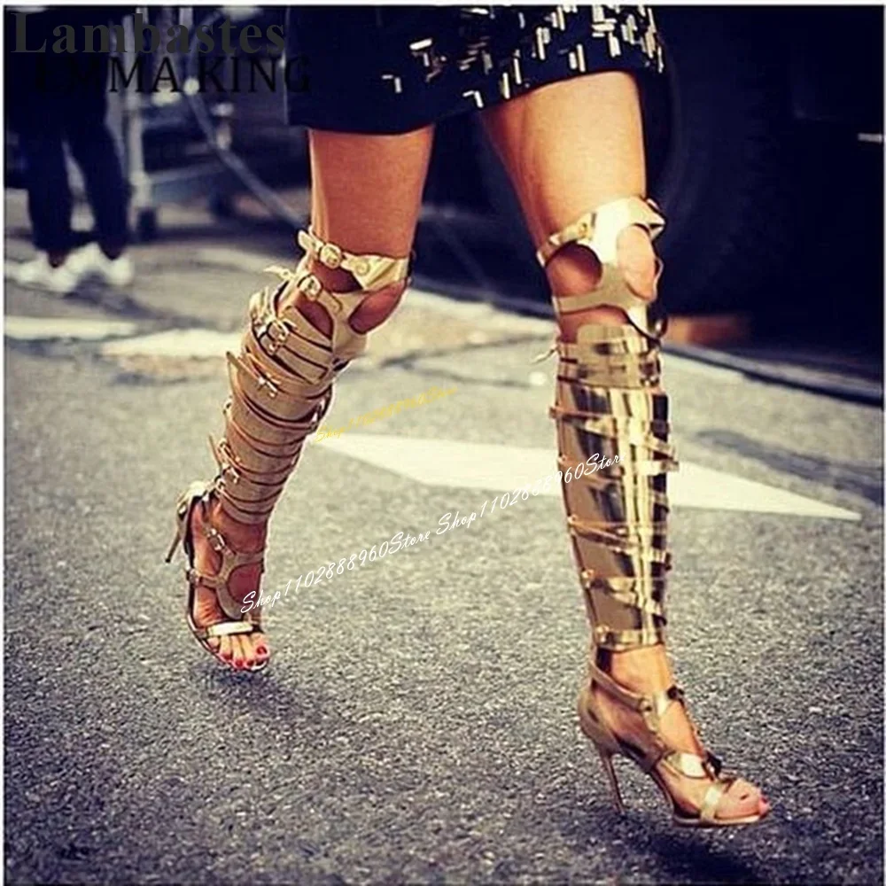 

Trendy Knee High Gold Buckle Strap Decor Sandal Boots Thin High Heel Women Shoes Back Zipper Open Toe 2024 Zapatos Para Mujere