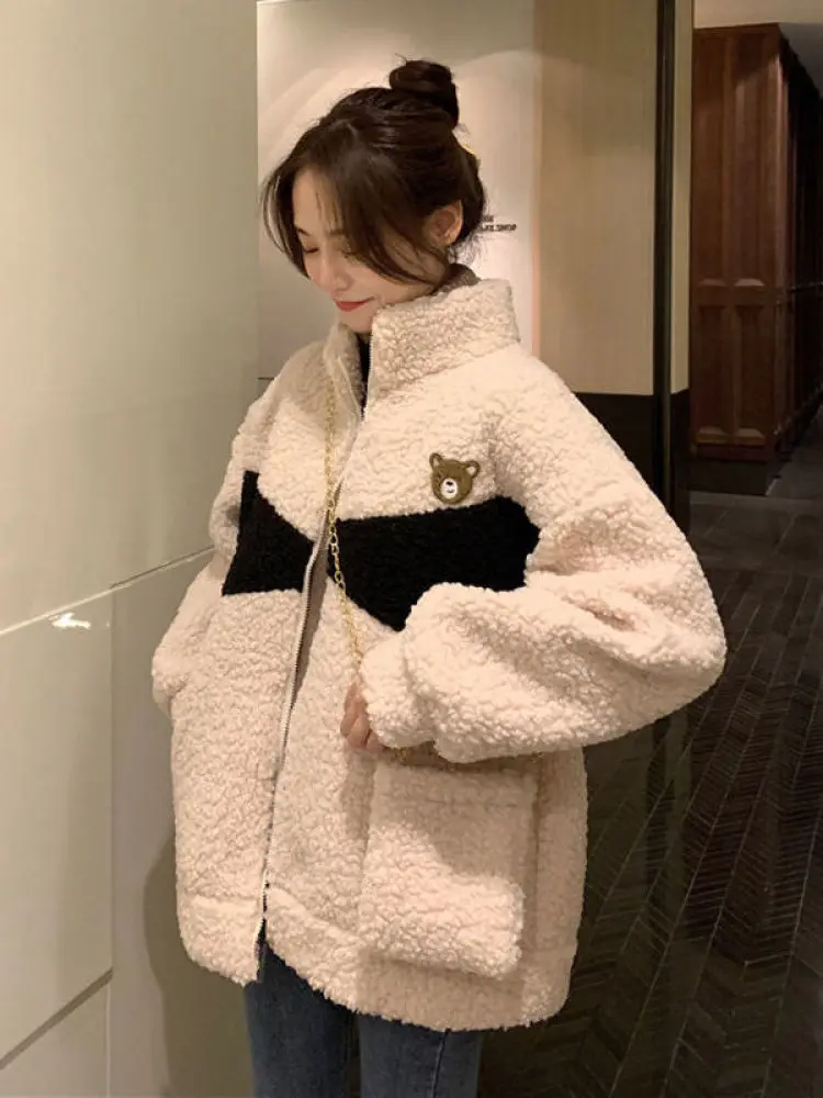 

Fce Lined Bear Print Cotton Jaet Women's Loose Fit Stand Collar Warm Coat Sli Commute Sle Knitted Long Sve Zipper