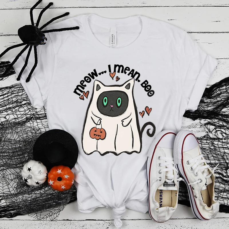 (Premium T-shirt)Funny Halloween Meow I Mean Boo Printed T-Shirts For Women Summer Short Sleeve Round Neck Cute Loose T-Shirt